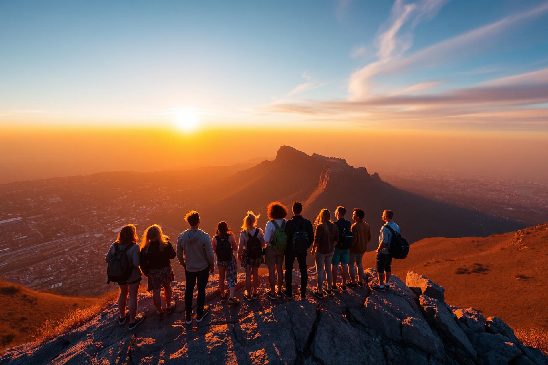 Travellers watching sunset over Table Mountain
